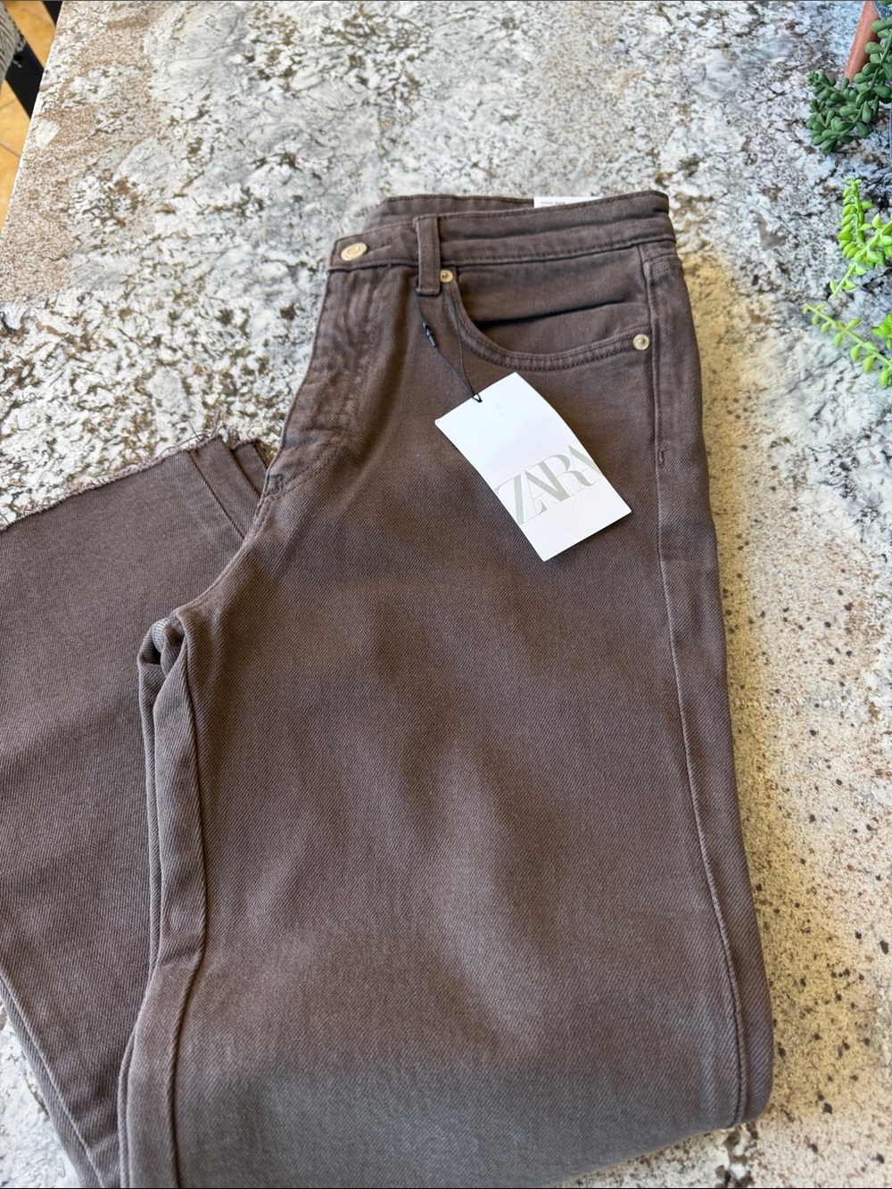 Zara Brown Straight-Leg Jeans with Brass Hardware
